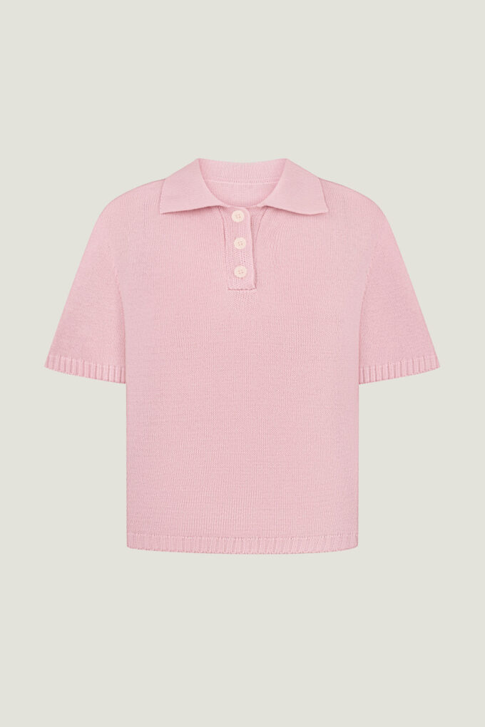 Pink short-sleeved knitted polo jumper photo 6