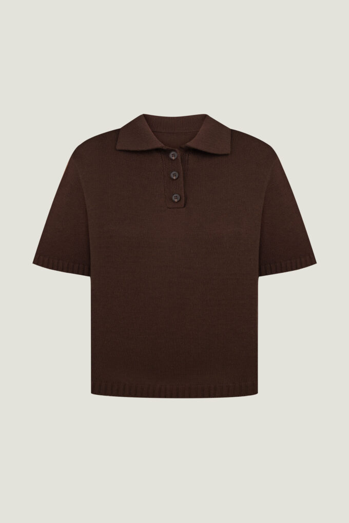Chocolate short-sleeved knitted polo jumper photo 5