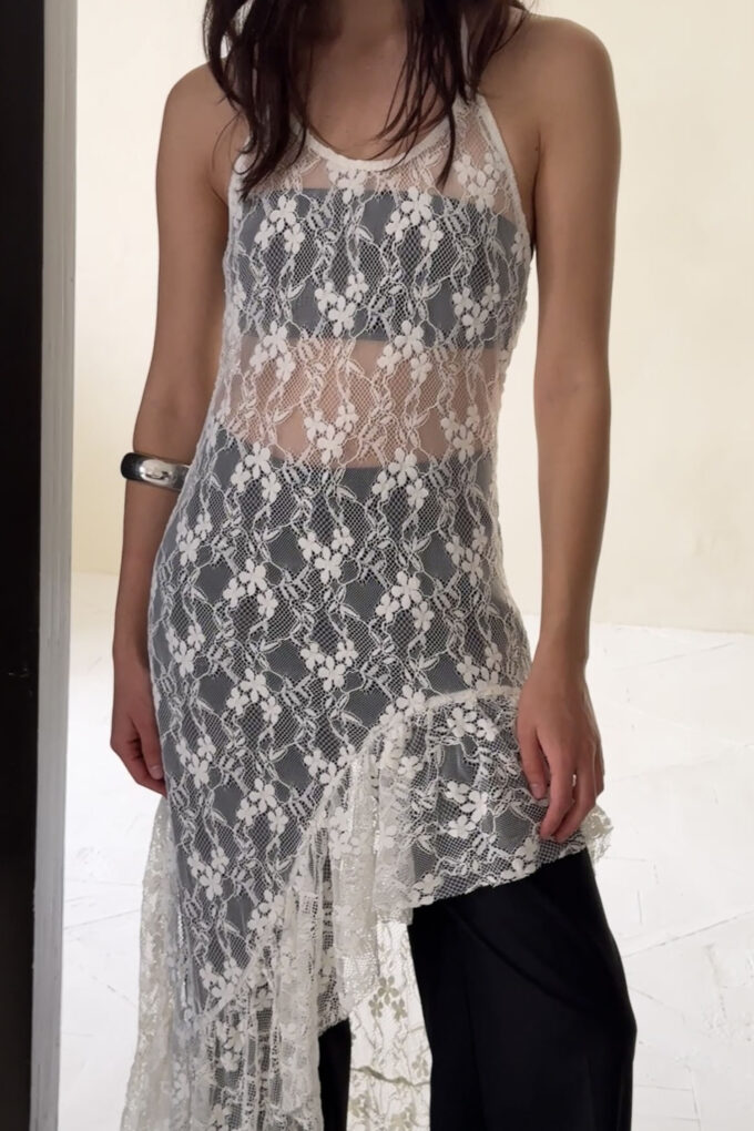 Guipure dress with asymmetric hem in milky photo 6