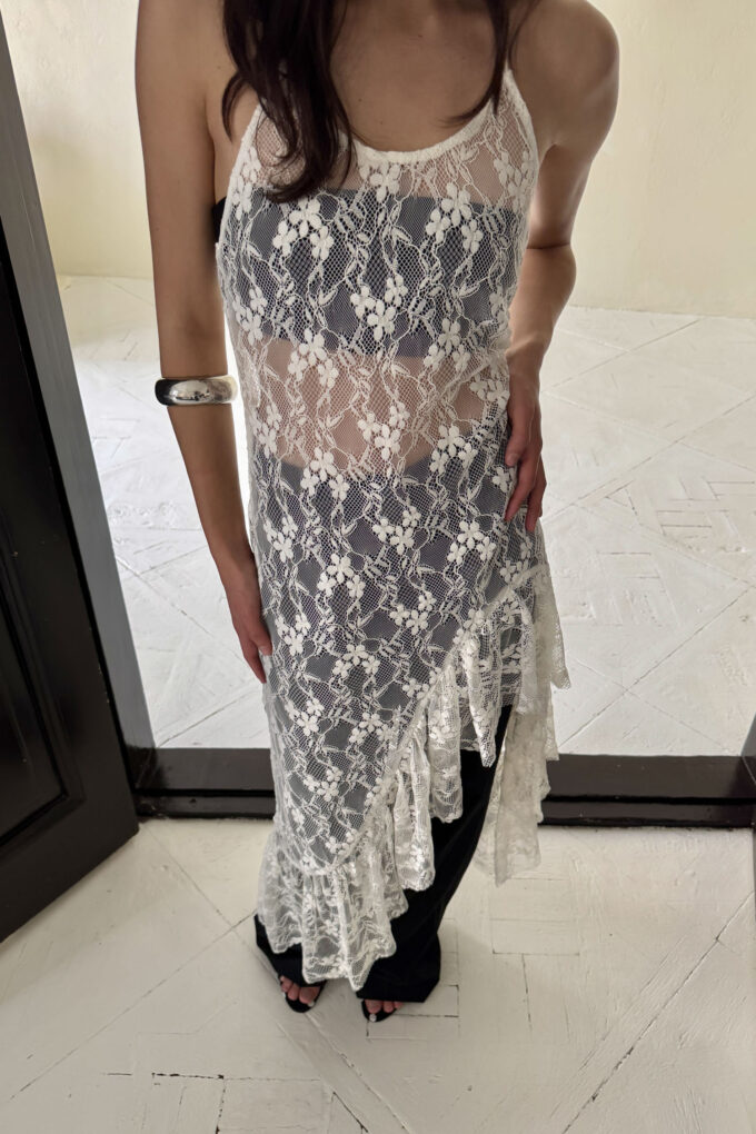 Guipure dress with asymmetric hem in milky photo 2