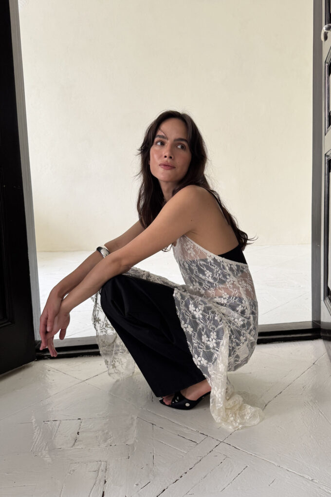 Guipure dress with asymmetric hem in milky photo 3