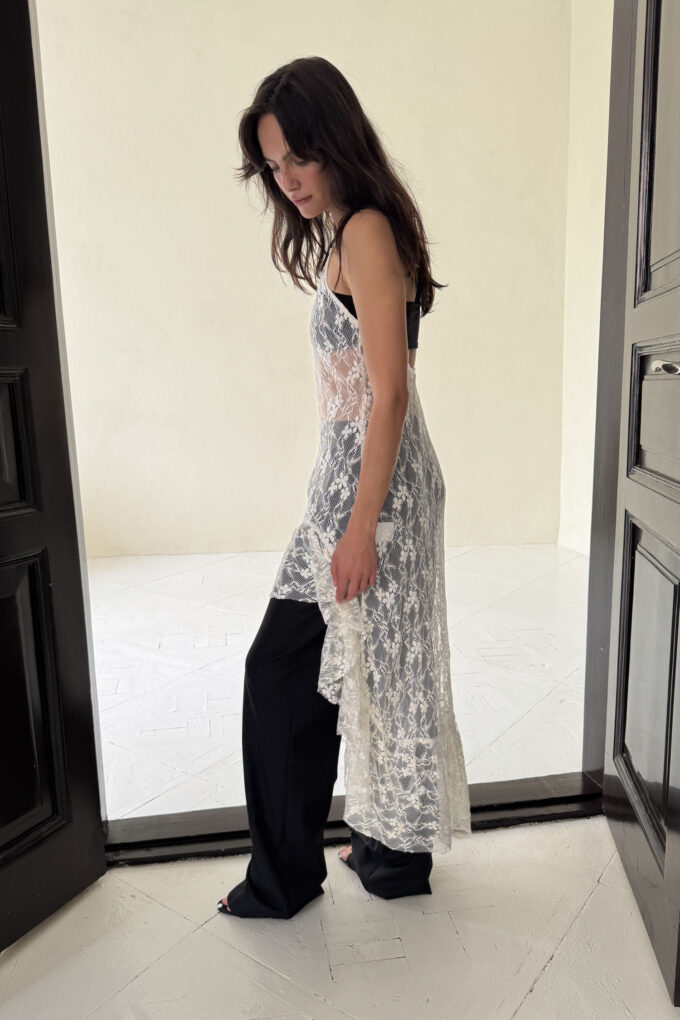 Guipure dress with asymmetric hem in milky photo 5