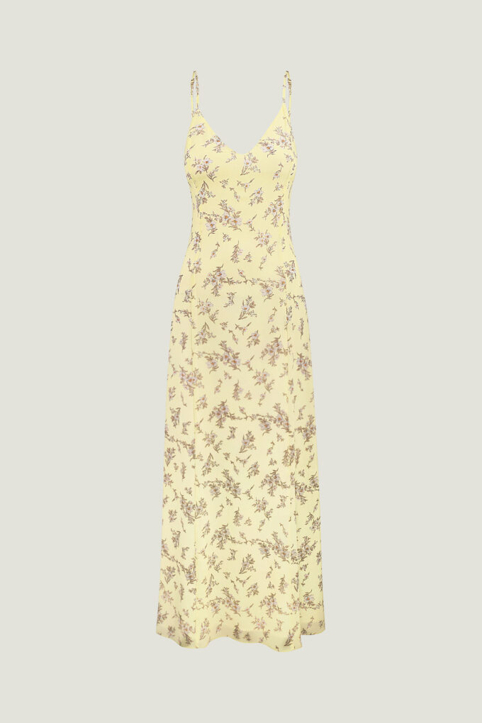 Chiffon maxi dress with thin straps and print in light lemon photo 5