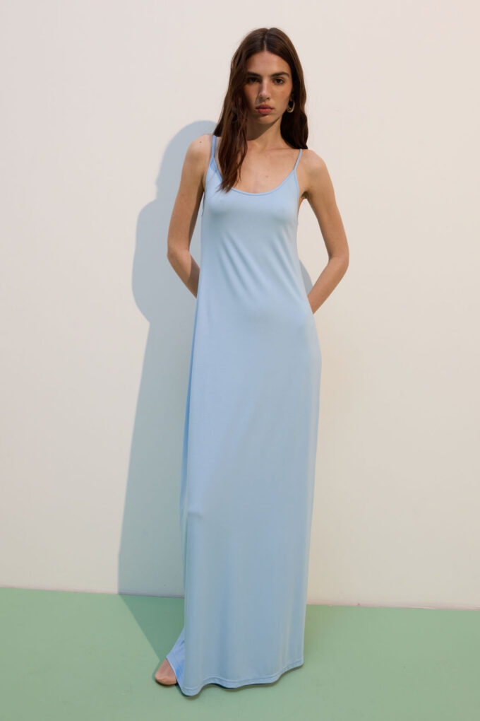Light blue knitted maxi sundress with thin straps photo 2