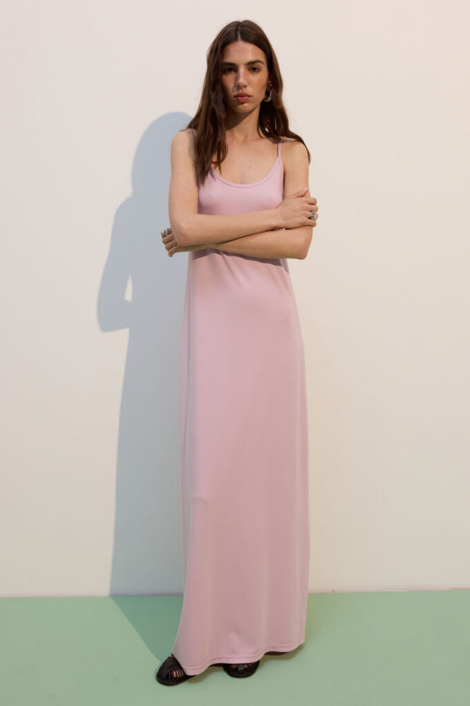 Pink knitted maxi sundress with thin straps photo 2