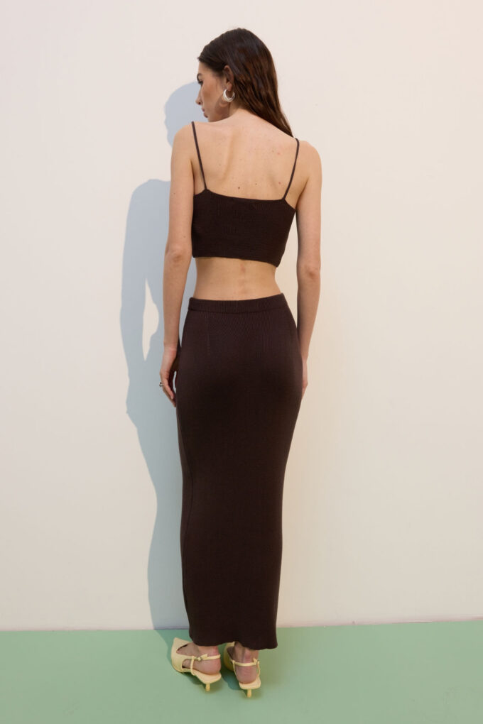 Knitted cropped top with thin straps in chocolate photo 4