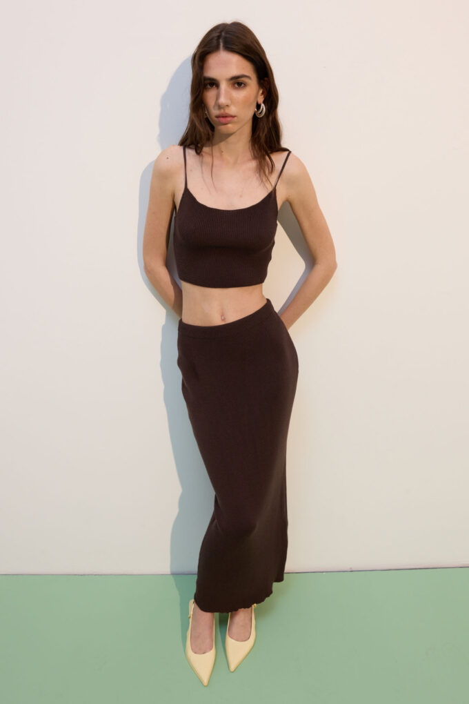Knitted cropped top with thin straps in chocolate photo 2