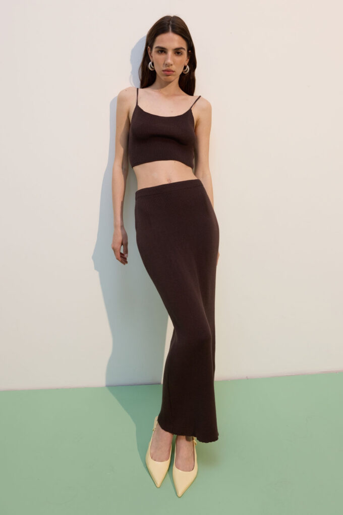 Knitted cropped top with thin straps in chocolate photo 3