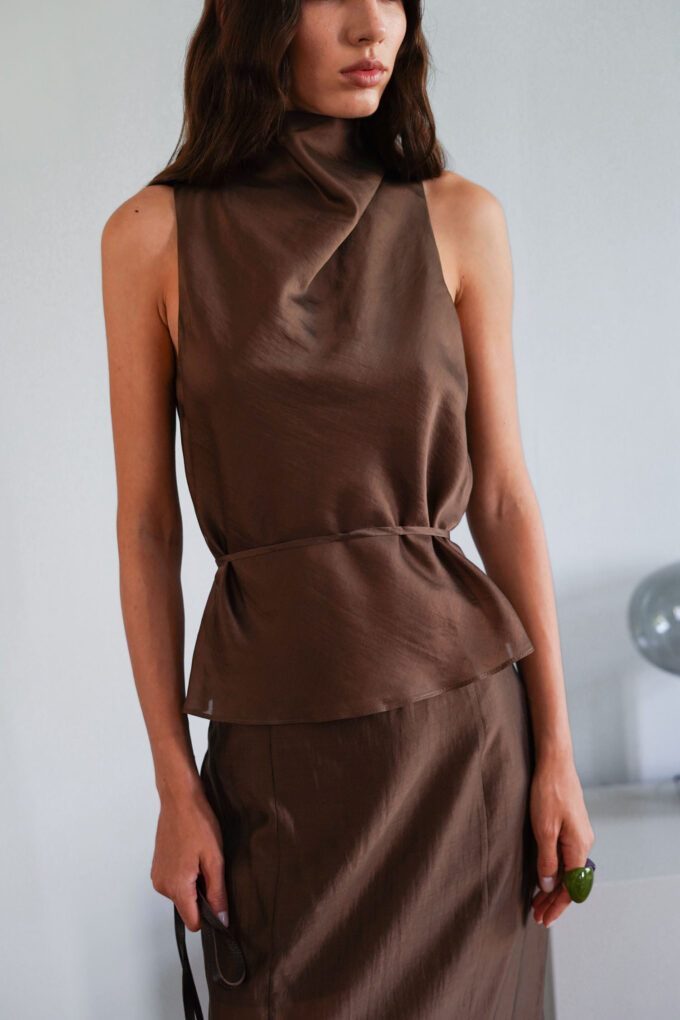 Tencel top with thin belt in chocolate photo 5
