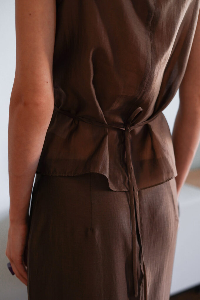 Tencel top with thin belt in chocolate photo 3