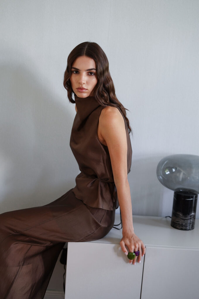 Tencel top with thin belt in chocolate photo 4