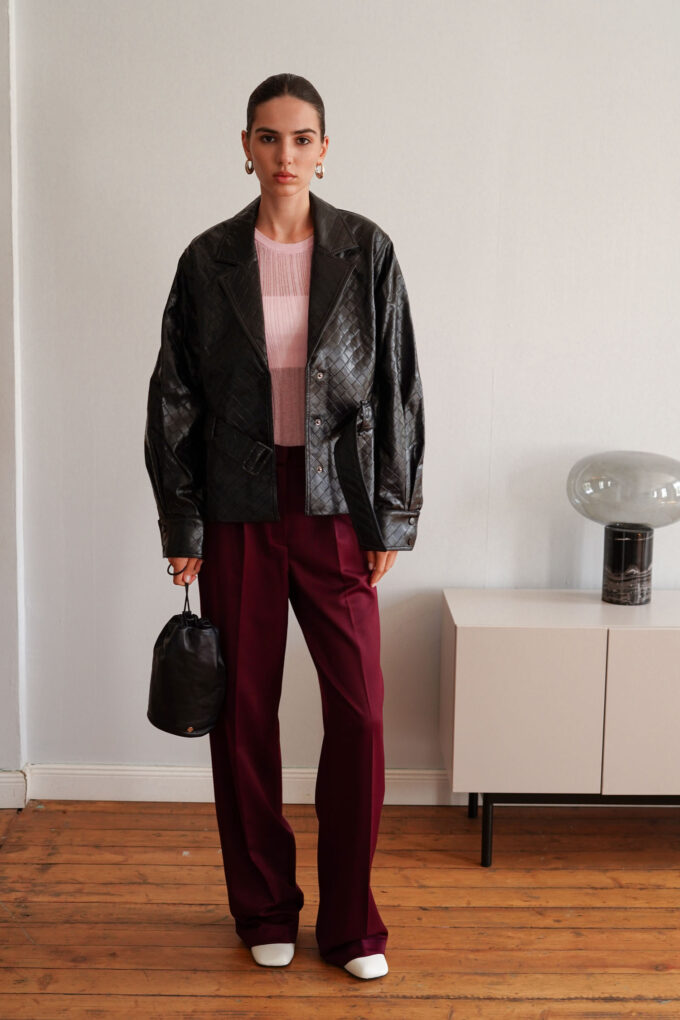 Black textured eco-leather jacket with belt photo 5