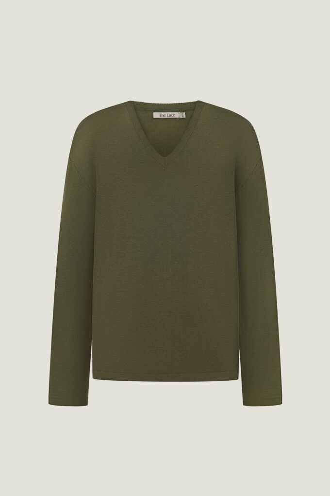 Green viscose V-neck knitted jumper photo 7