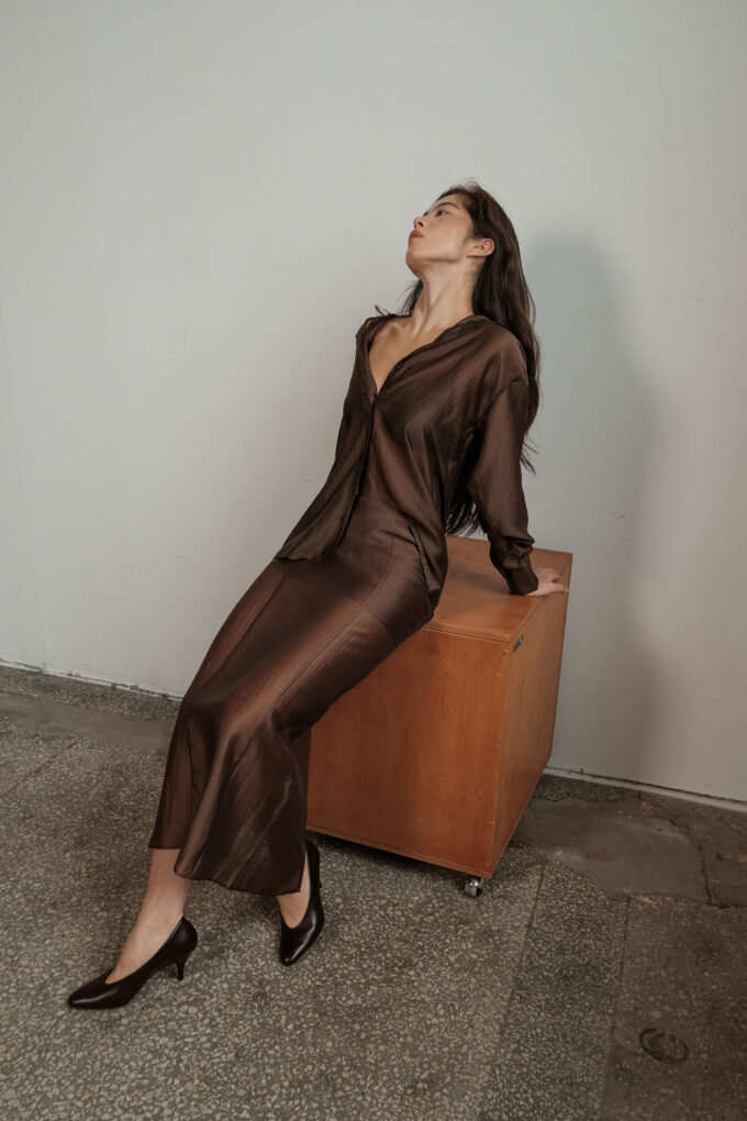 Translucent tencel maxi skirt in chocolate photo 8