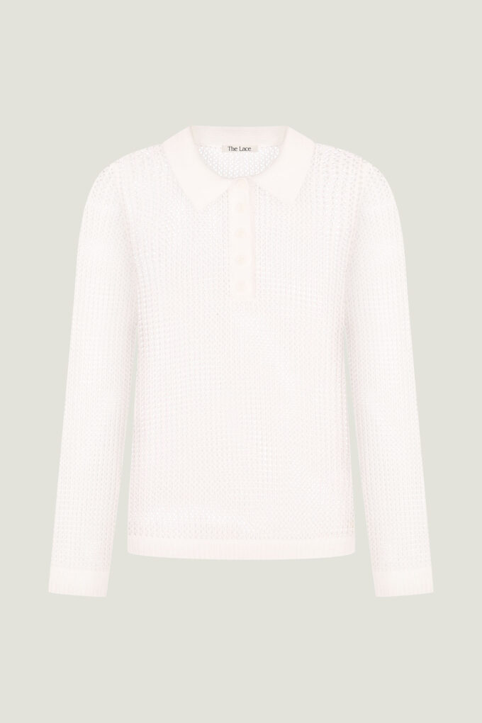 Knitted polo jumper with openwork knit in milk photo 5