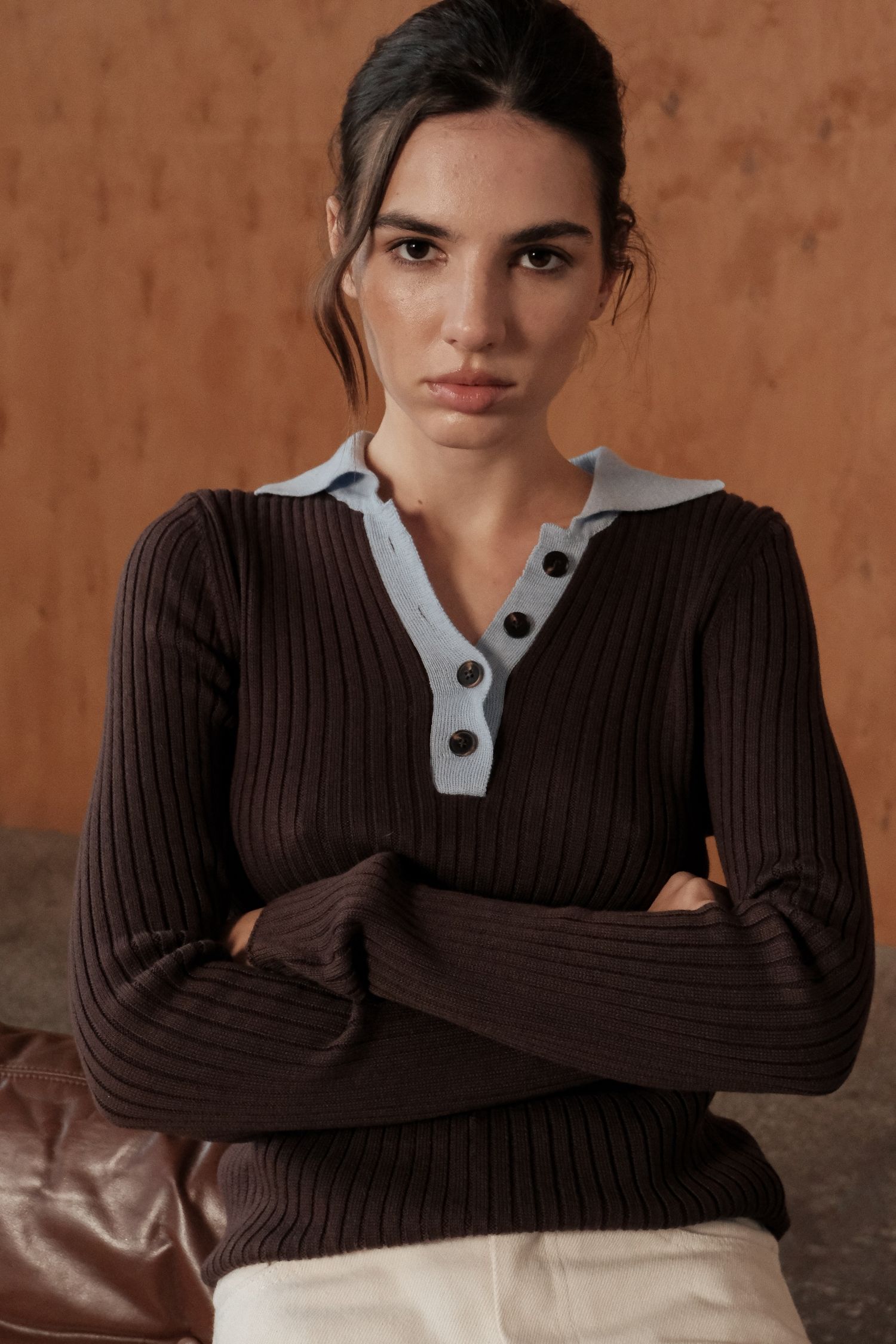 Джемпер поло на ґудзиках з блакитною вставкою шоколадний - The Lace photo 447016 Джемпер поло на ґудзиках з блакитною вставкою шоколадний - The Lace photo 447016