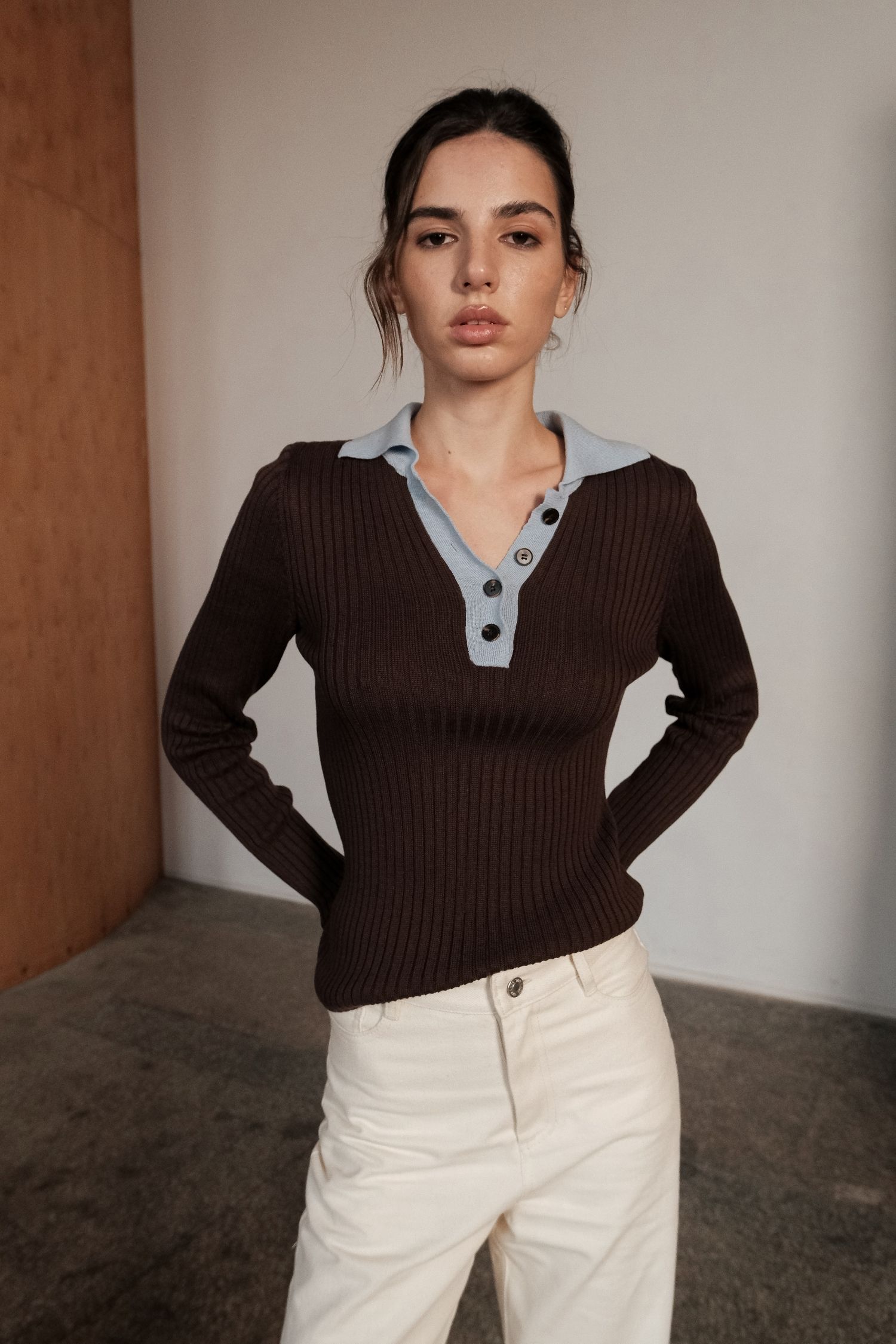 Джемпер поло на ґудзиках з блакитною вставкою шоколадний - The Lace photo 447017 Джемпер поло на ґудзиках з блакитною вставкою шоколадний - The Lace photo 447017