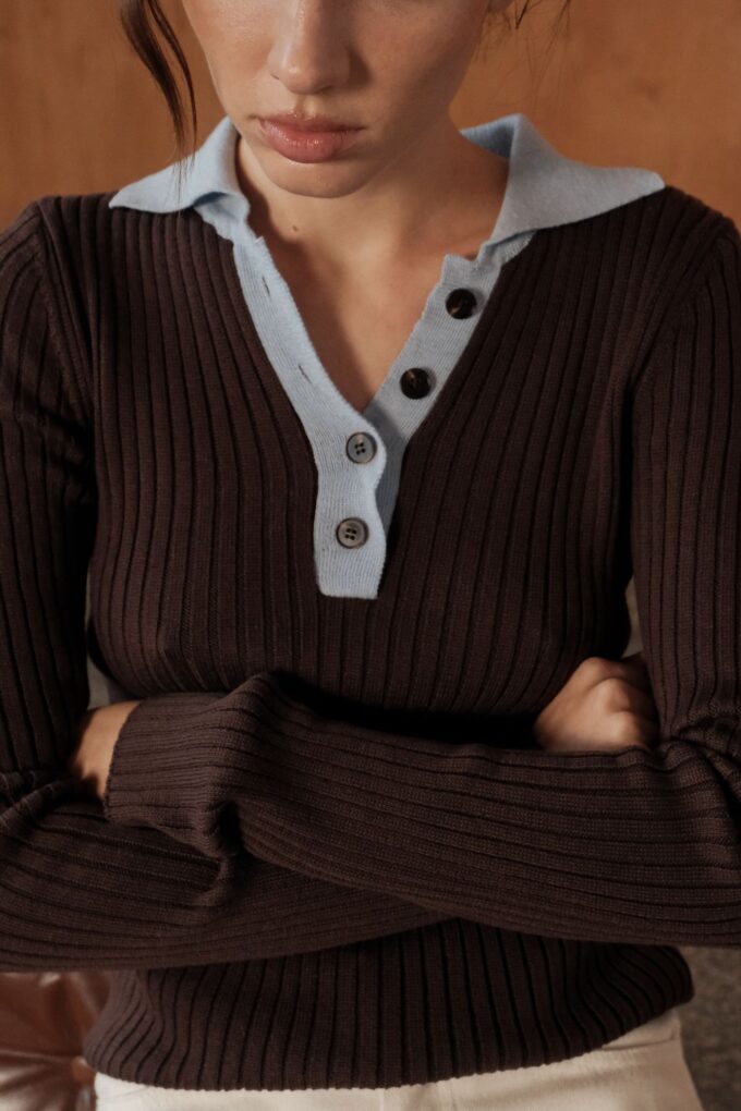 Джемпер поло на ґудзиках з блакитною вставкою шоколадний фото 4