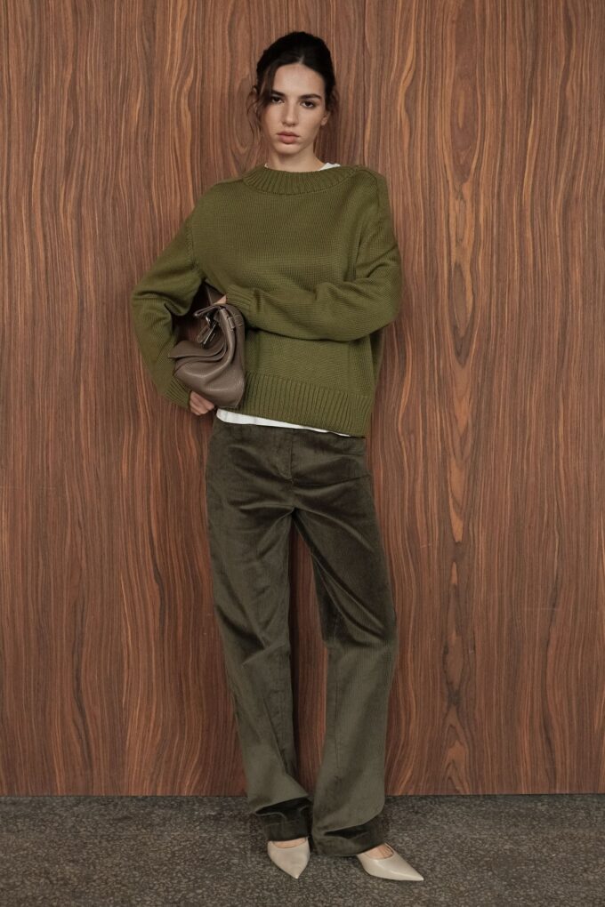 Брюки прямі з вельвету оливкові - The Lace