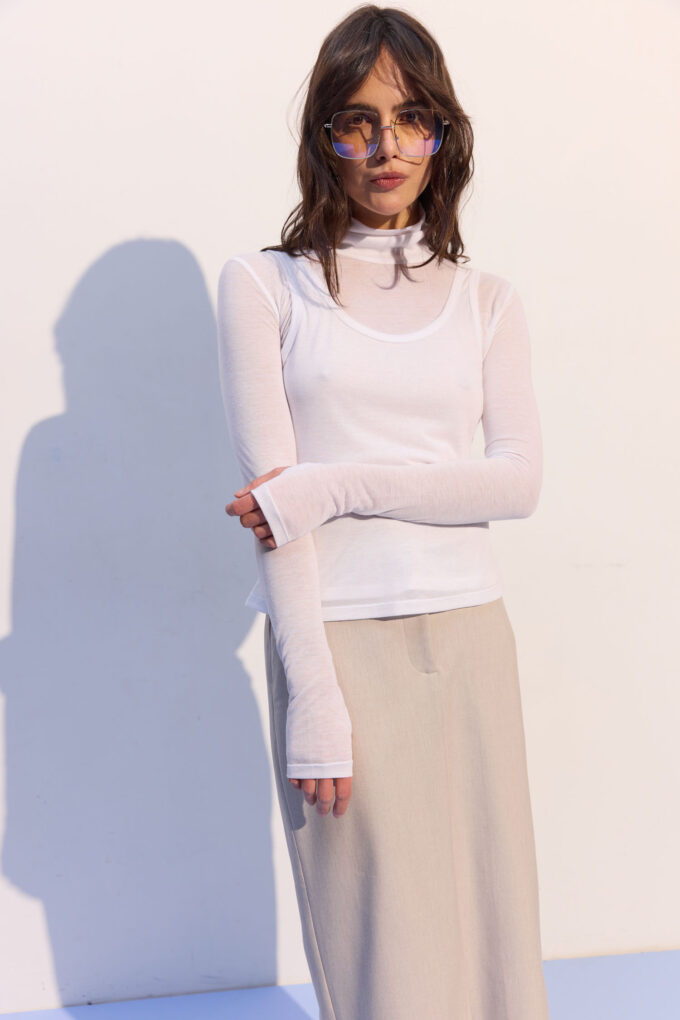 Трикотажная водолазка двойная полупрозрачная белая Фото 6