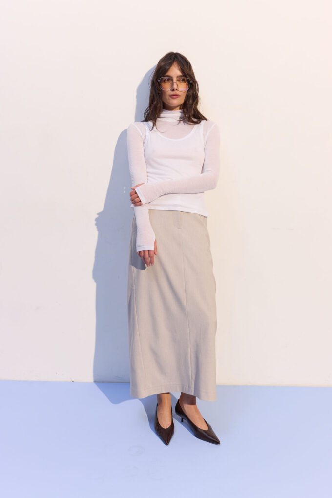 Спідниця міді з декоративним поясом світло-бежева фото 5