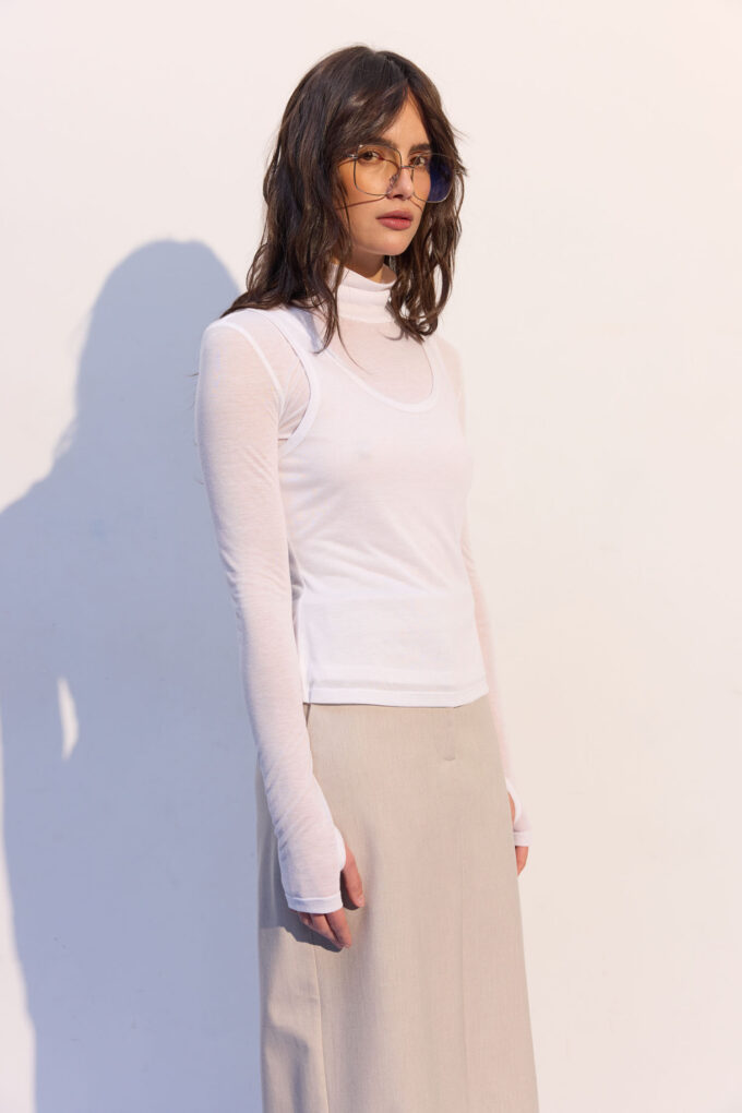 Трикотажная водолазка двойная полупрозрачная белая Фото 3