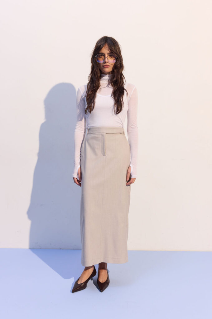 Спідниця міді з декоративним поясом світло-бежева - The Lace