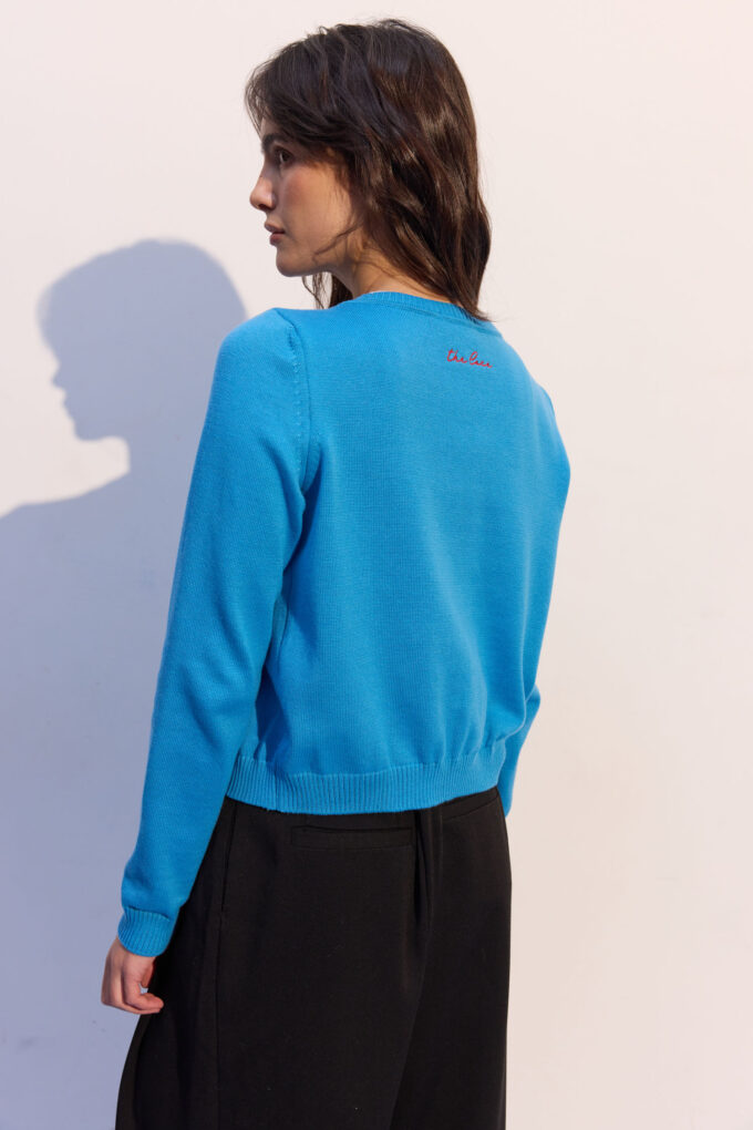 Трикотажний кардиган з круглим вирізом та вишивкою яскраво-блакитний фото 3