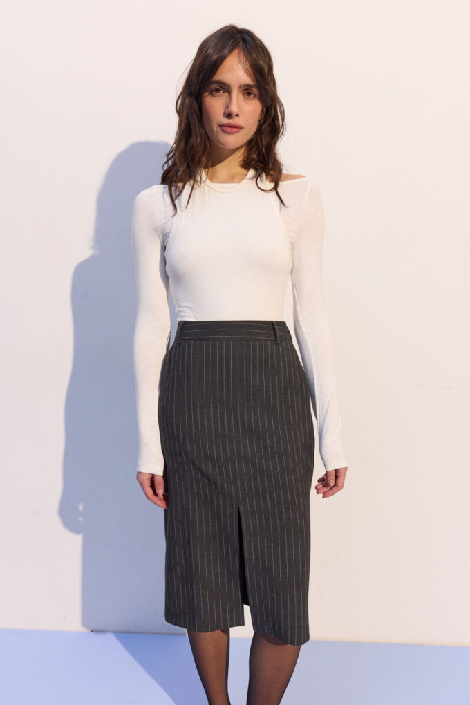 Спідниця міді прямого крою в широку смужку графітова фото 2 Спідниця міді прямого крою в широку смужку графітова фото 2