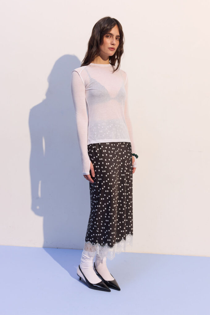Спідниця міді з сатину з мереживом в горох чорна фото 5