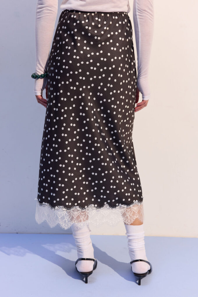 Спідниця міді з сатину з мереживом в горох чорна фото 4