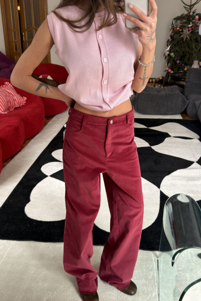 Брюки вільного крою з вельвету бордові фото 2