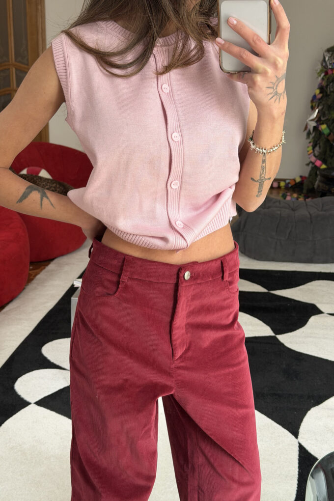 Брюки вільного крою з вельвету бордові фото 4