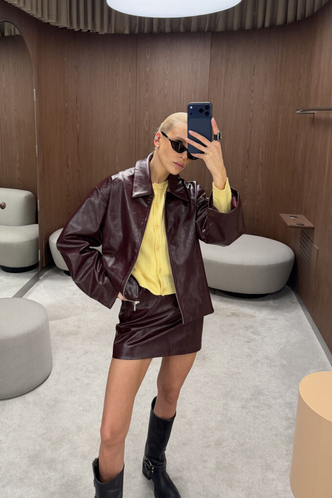 Спідниця міні з еко-шкіри бордова фото 3