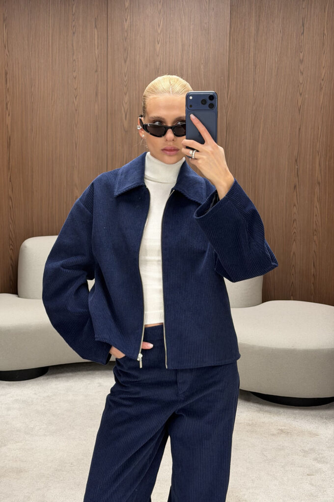 Corduroy bomber jacket with voluminous sleeves Navy blue photo 7