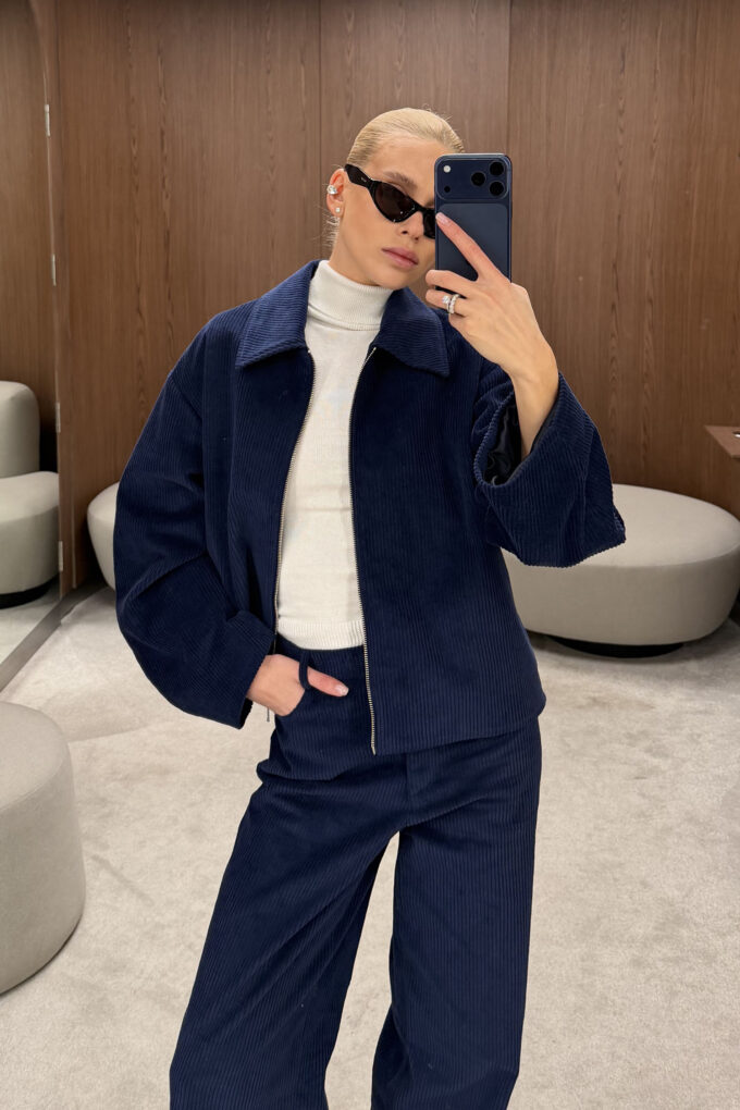 Бомбер з вельвету із об'ємними рукавами Navy blue - The Lace